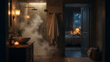 Warm evening shower with steam as a pre-bed routine leading to a cozy bedroom
