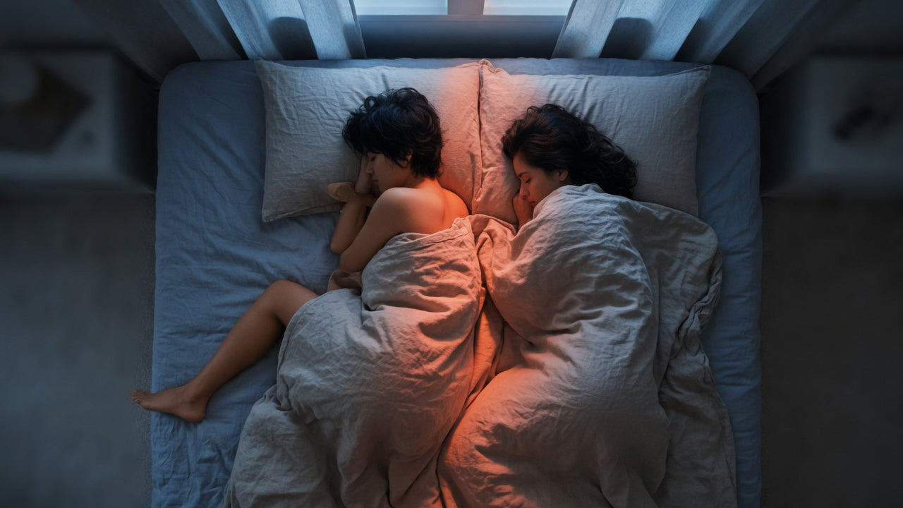 Couple sharing one bed at night with heat building in the space between them