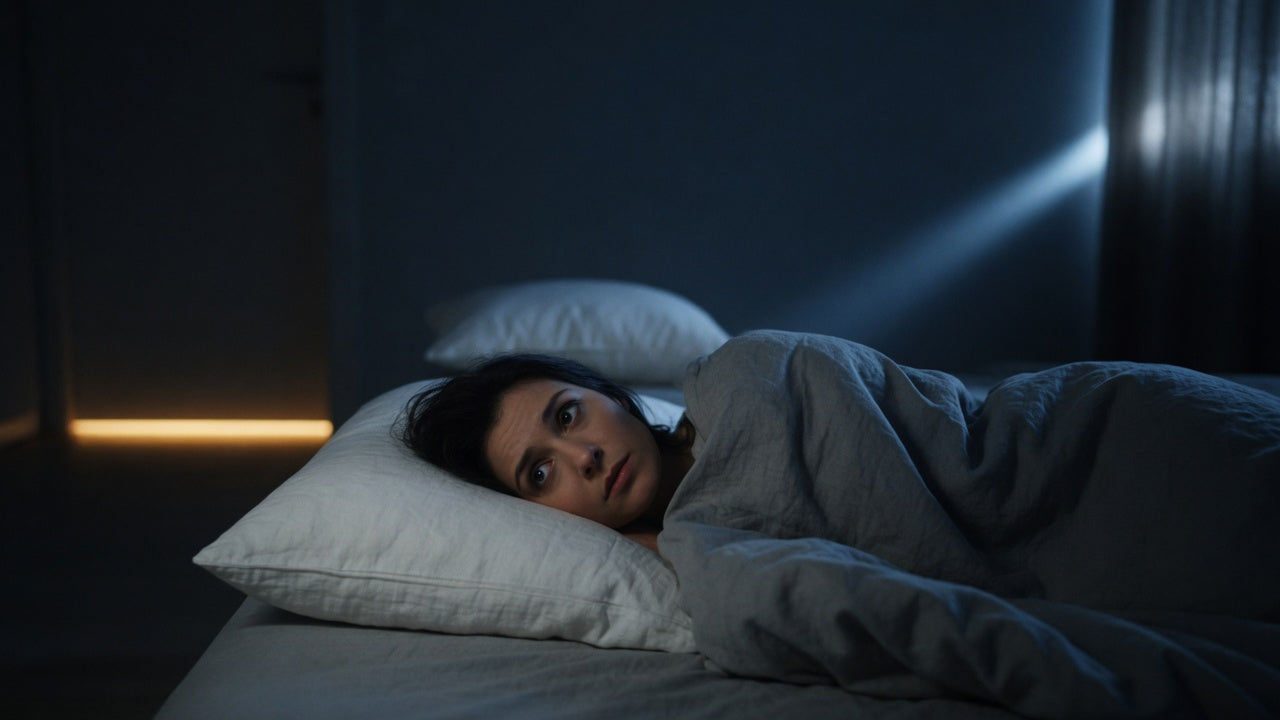 Light sleeper lying awake in a dark bedroom, alert to a sliver of light under the door and faint street noise
