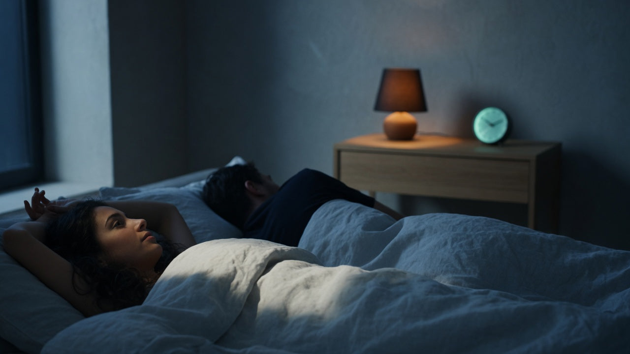 Light sleeper lying awake at 3 a.m. in a dark bedroom while her partner sleeps soundly beside her