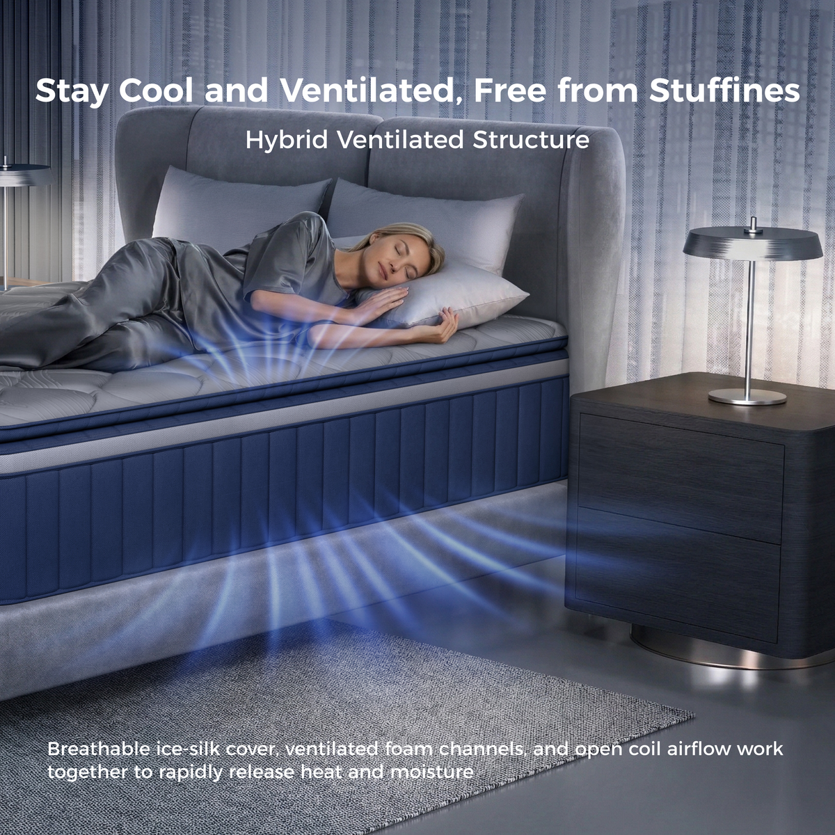 Woman sleeping on the 16 inch CoolNest Hybrid mattress with breathable ice silk cover and open coil airflow #Thickness_16