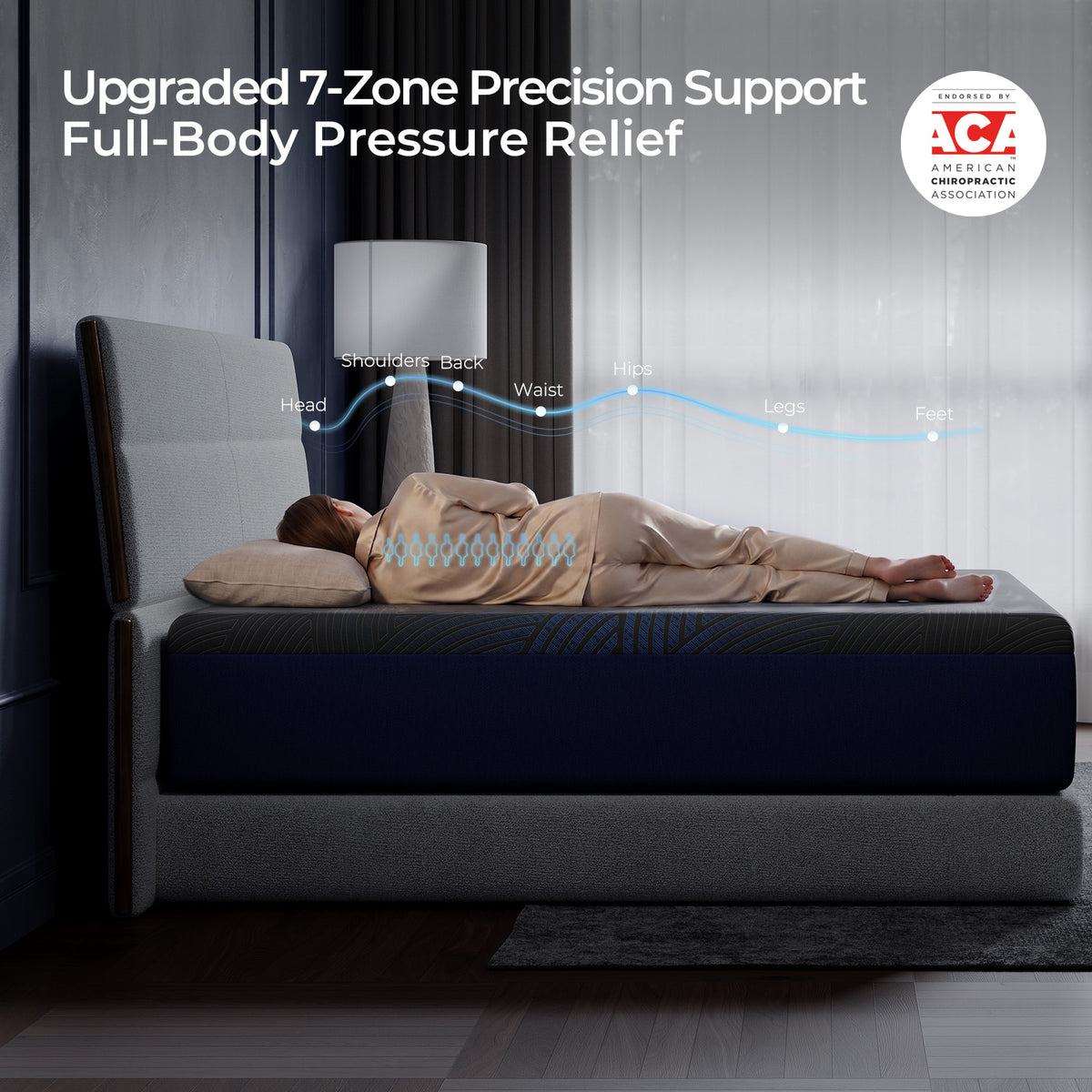 Side sleeper on the CoolNest Pro mattress showing upgraded 7-zone precision support and full-body pressure relief #Thickness_12,14,16