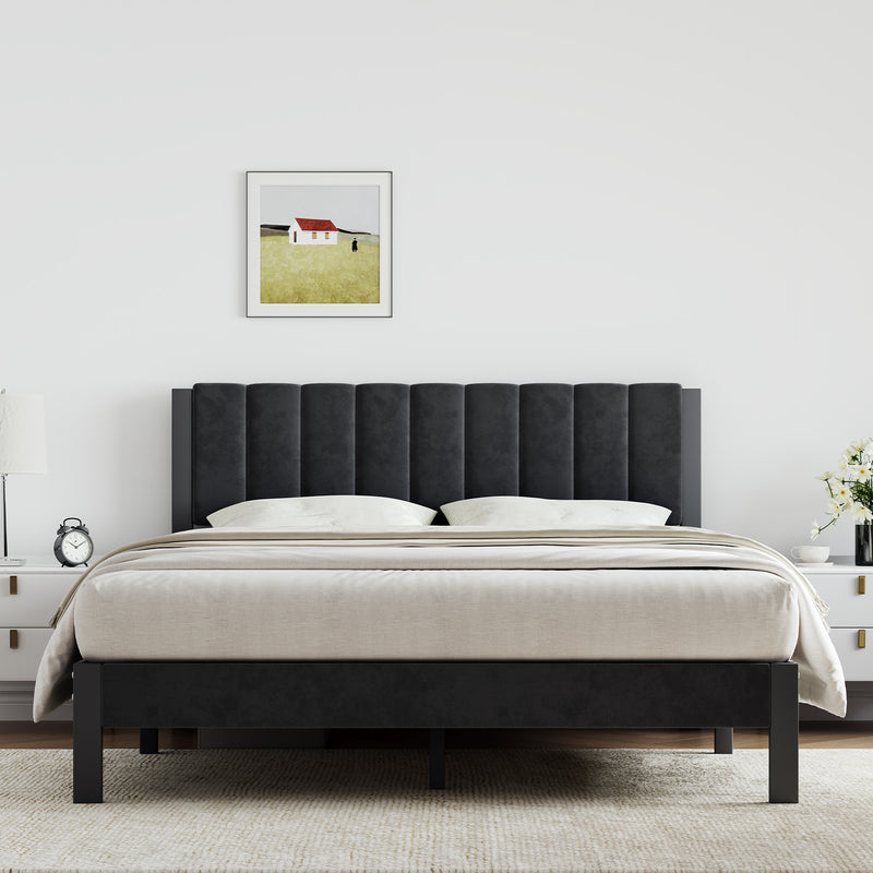 Piano Keys Velvet Upholstered Metal Platform Bed Frame