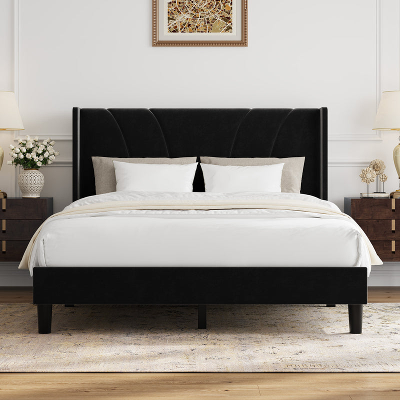 Velvet Upholstered Wingback Platform Bed Frame with Headboard