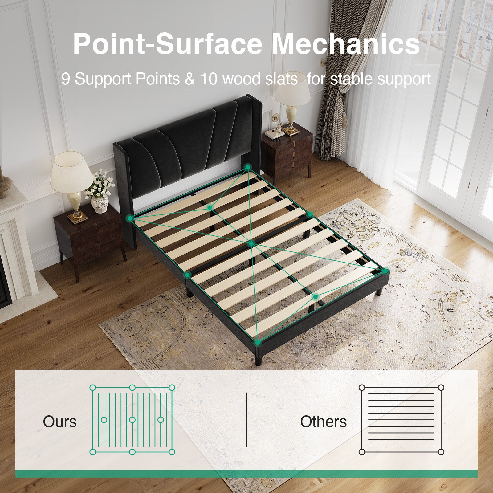 Base de cama tapizada en terciopelo con cabecero con alas y plataforma