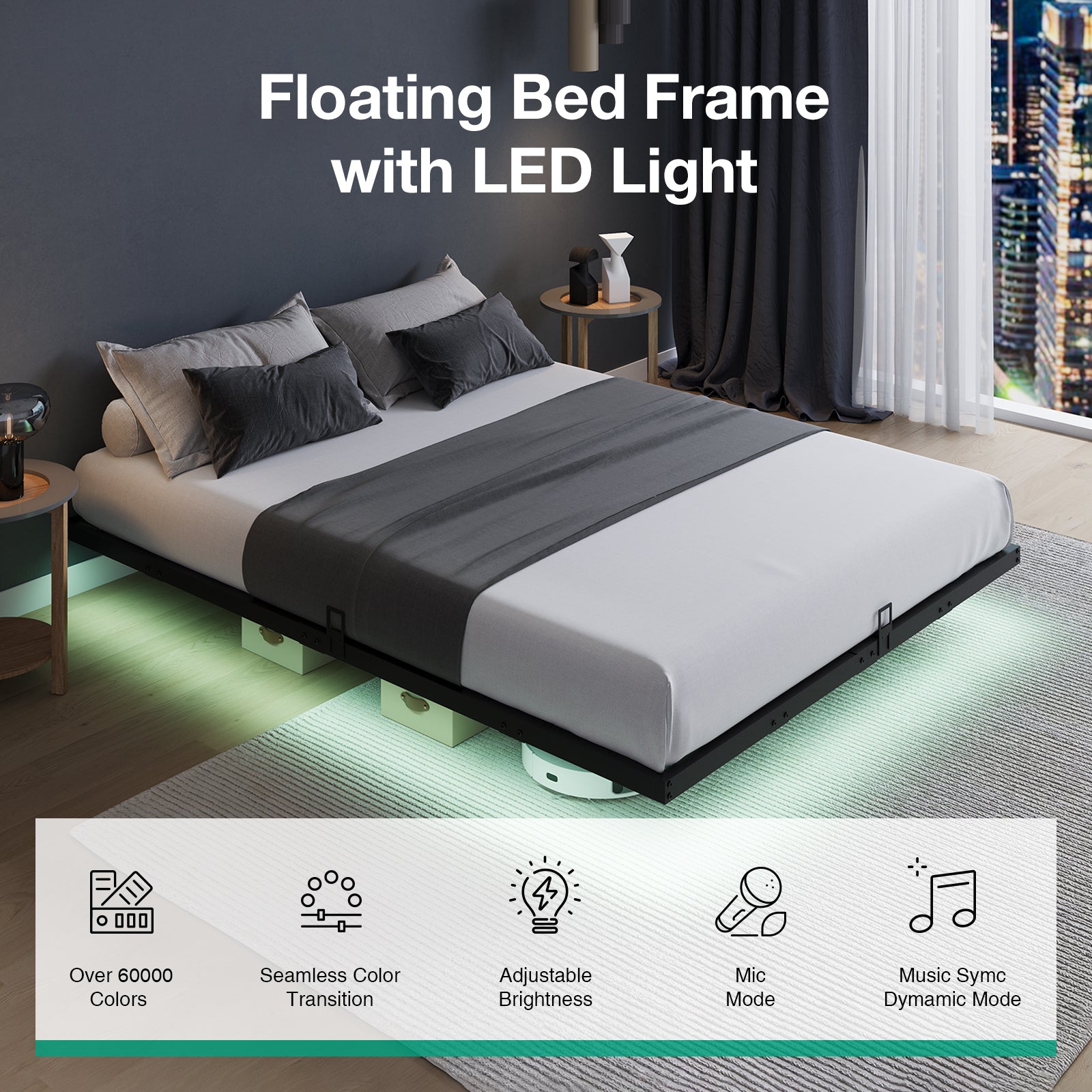 Floating Bed Frame with LED Lights