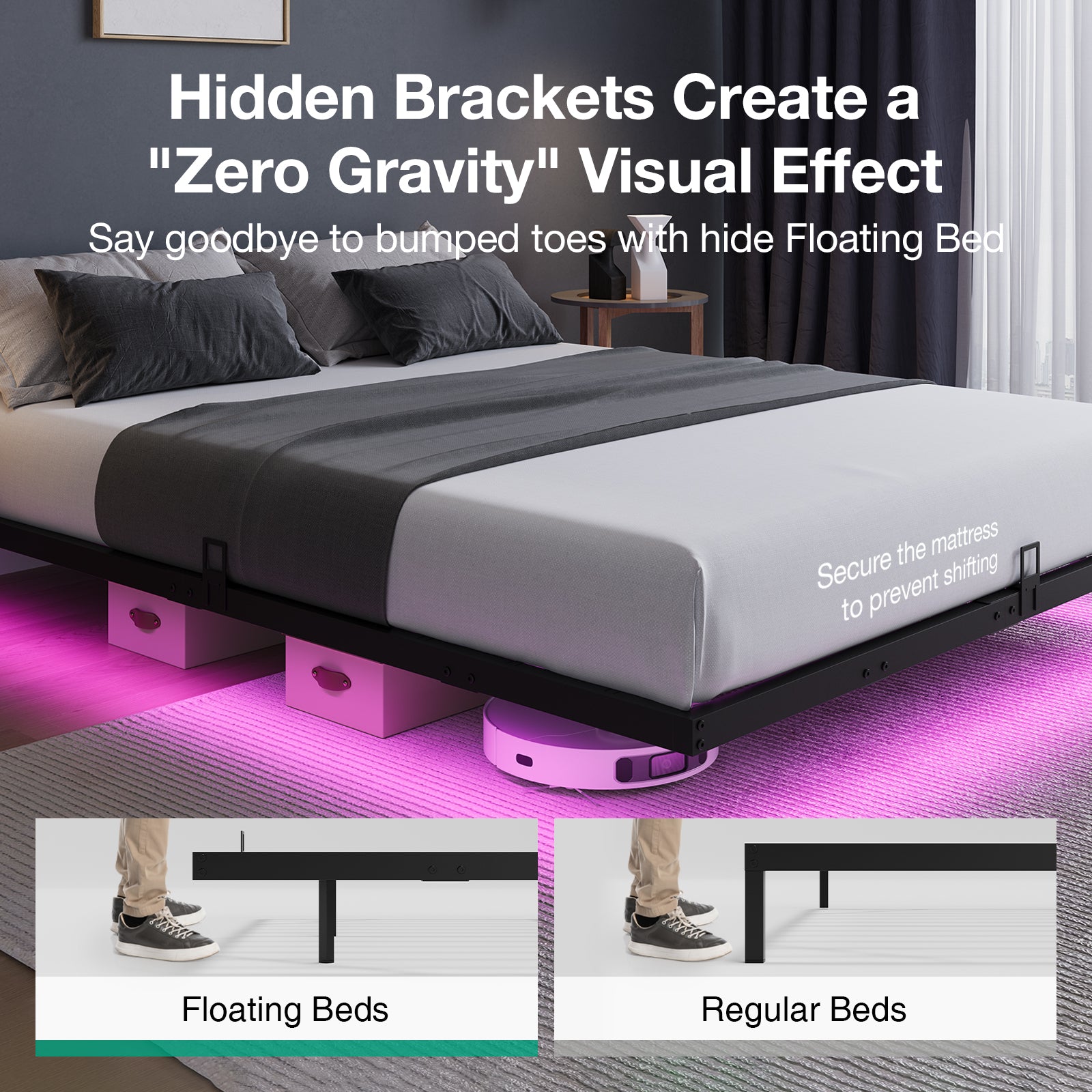 Floating Bed Frame with LED Lights