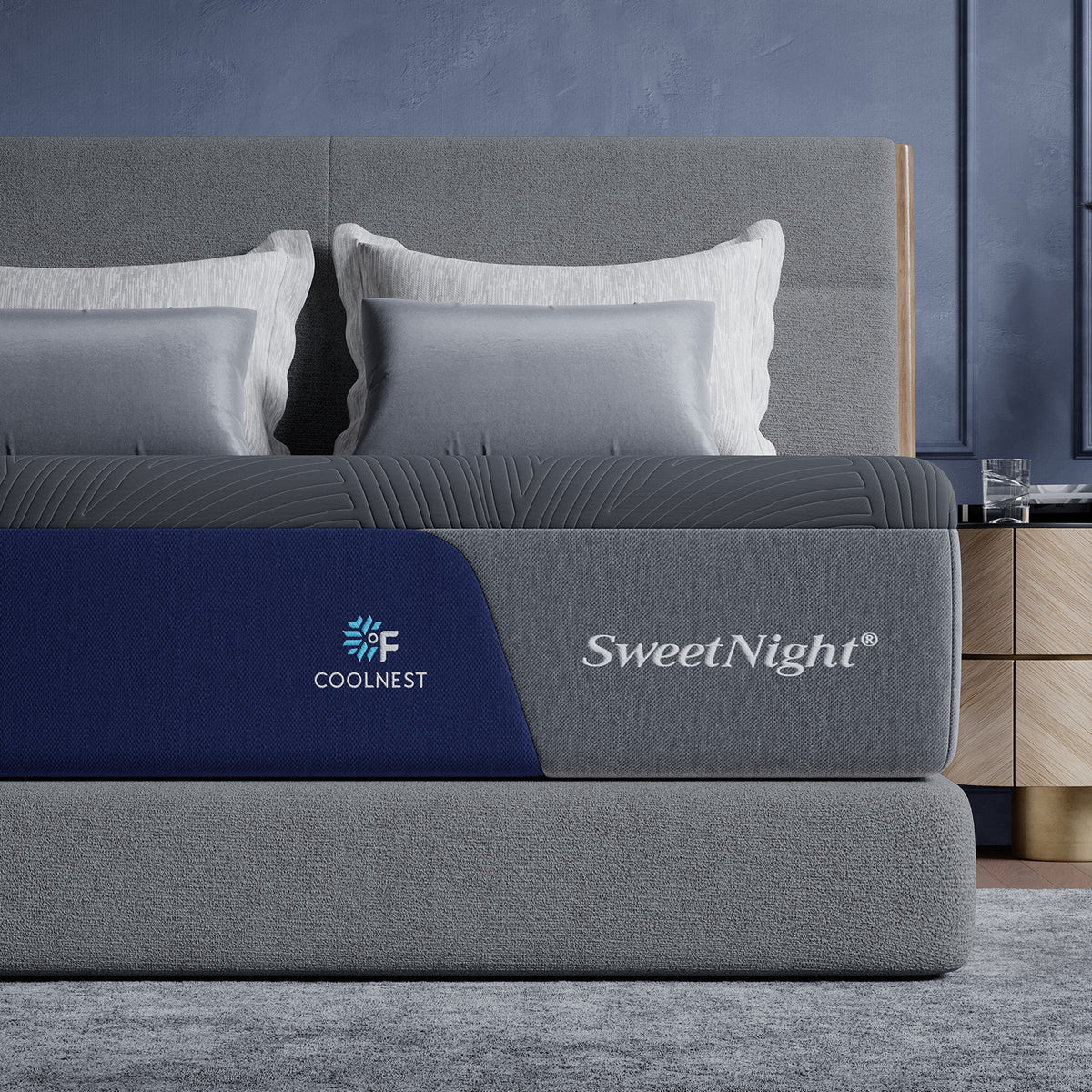 Close-up of the CoolNest Pro mattress corner showing the navy and gray cover with SweetNight logo #Thickness_12,14,16