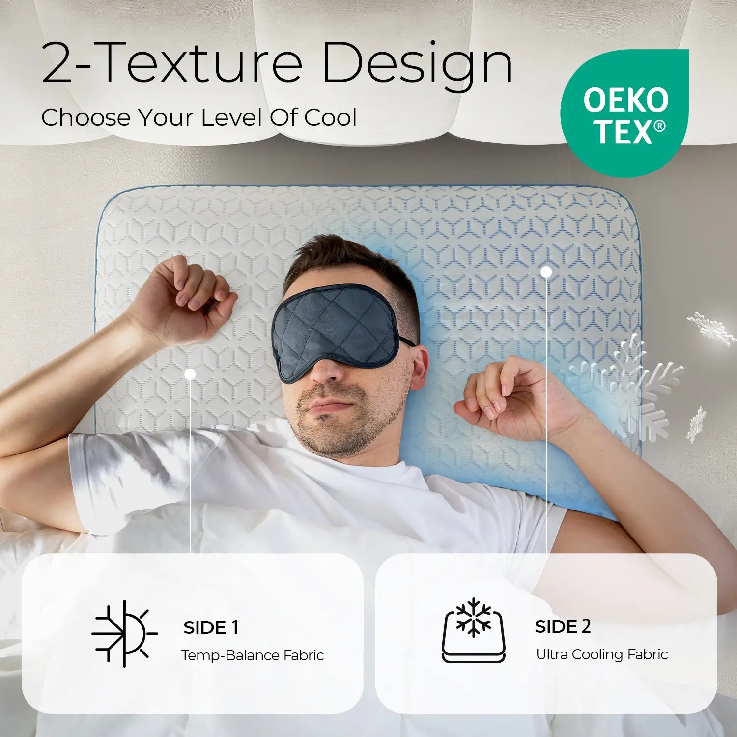 Man lying on a cooling pillow with Oeko-Tex certification, showing two fabric textures.