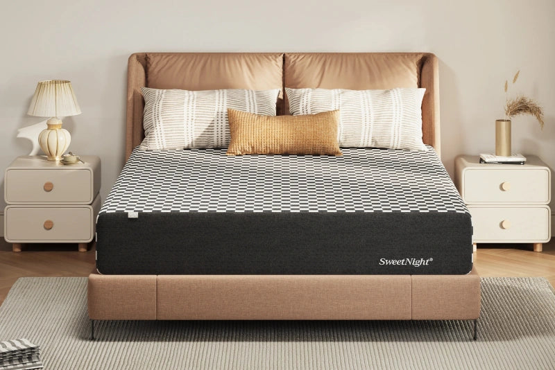 SweetNight Prime Memory Foam Mattress with geometric pattern in a bedroom setting with pillows on a tan bed frame.