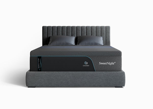 A dark gray upholstered bed frame with a matching headboard and SweetNight mattress, shown from the front on a clean white background.