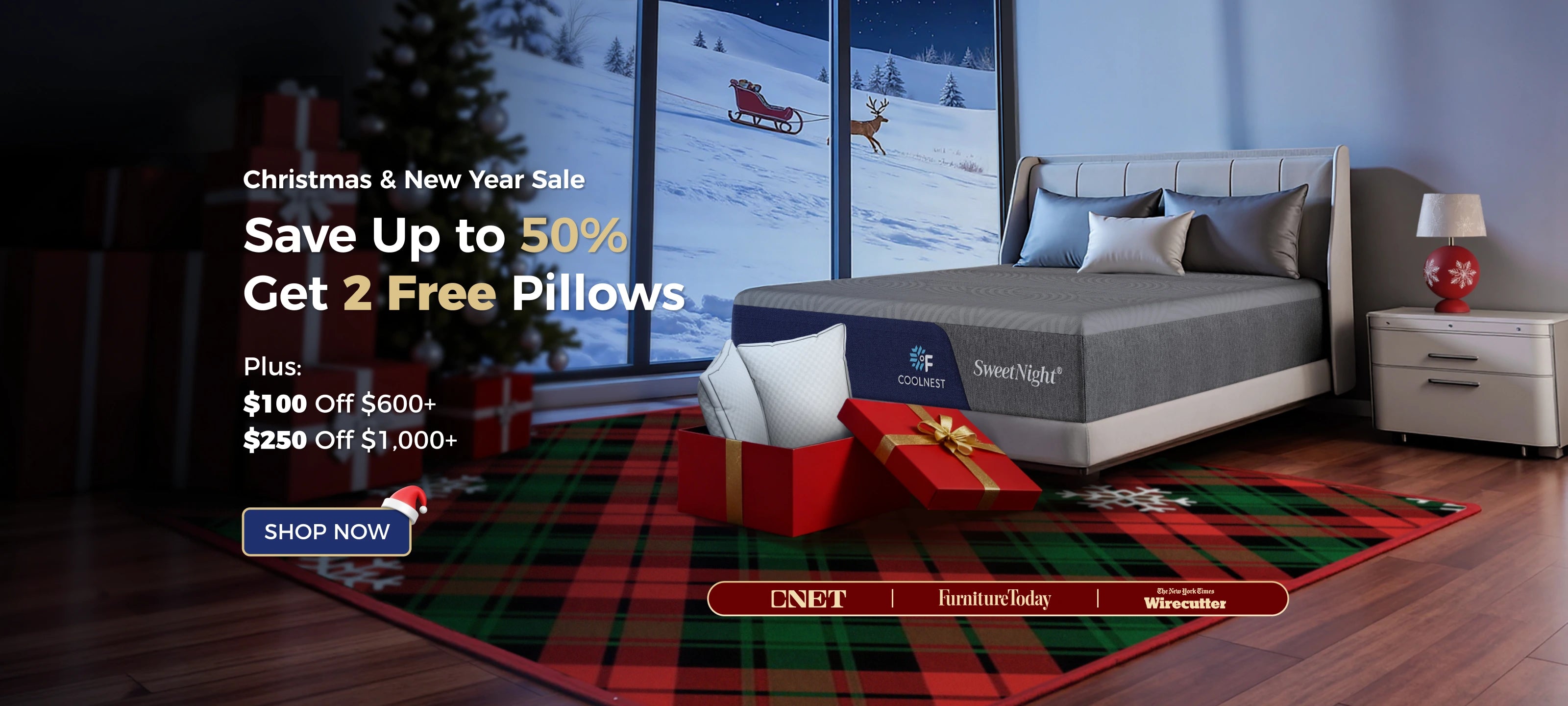 A festive Sweet Night Christmas and New Year sale banner featuring a mattress in a bedroom with a Christmas tree and a snowy window view of Santa's sleigh, offering up to 50% off and two free pillows inside a red gift box.